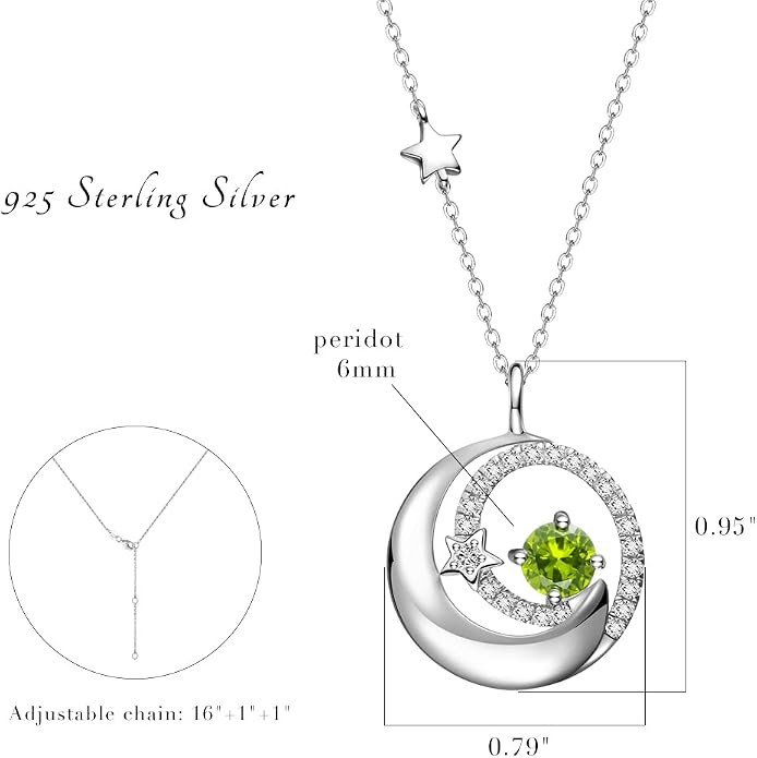 FANCIME Birthstone Necklaces 925 Sterling Silver Moon and Star Pendant Fine Jewelry Birthday Mothers Day Gifts for Mom Wife Her Daughter, Adjustable Chain 16+2"
