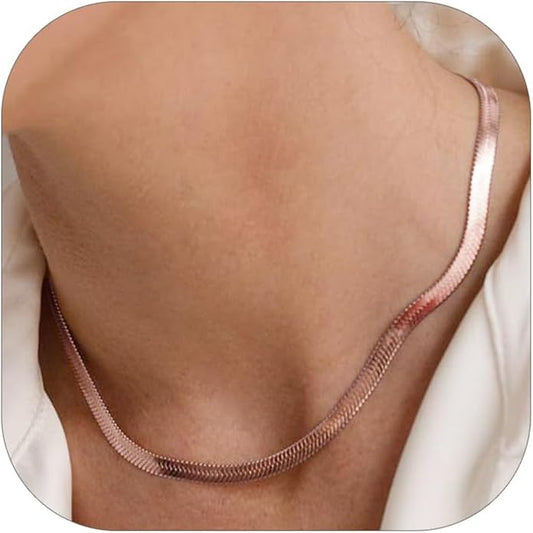 FOCALOOK 14K Gold Plated Necklaces for Women, Fashion Herringbone Choker Necklace Stainless Steel Flat Snake Chain 3/5MM(W) 12.5"/15"/18"+3.5"(L)