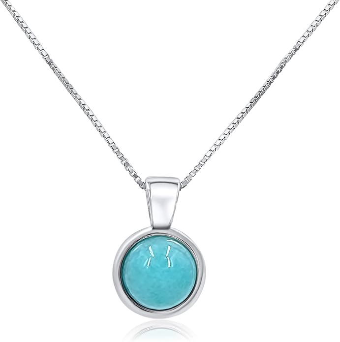 Natural gemstone 8mm round pendant with white gold over 925 sterling silver bezel cabochon plate and box chain, real genuine dainty birthstone gift for her, uniquelan jewelry