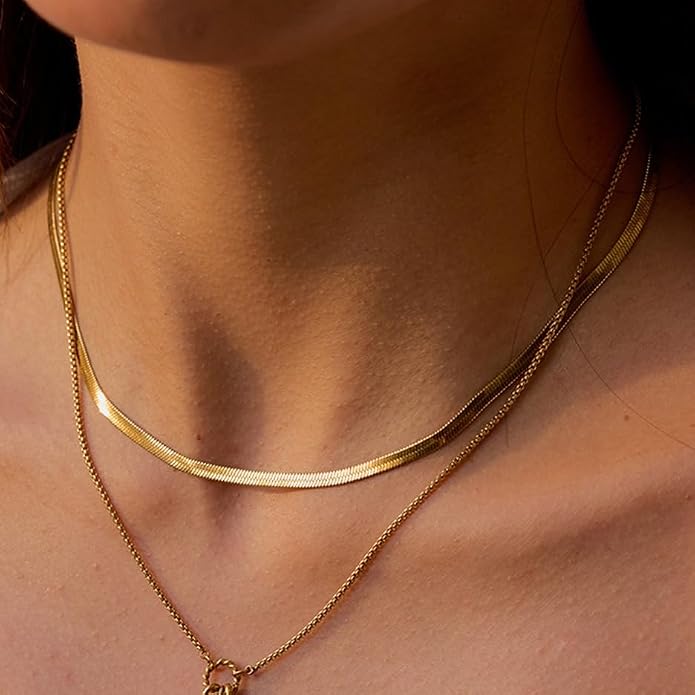 Elegant 18K Gold Plated Herringbone Necklace for Women, Flat Box Chain, Waterproof & Hypoallergenic, Gold Flat Snake Chain Necklace Choker for Women, Ideal Gift