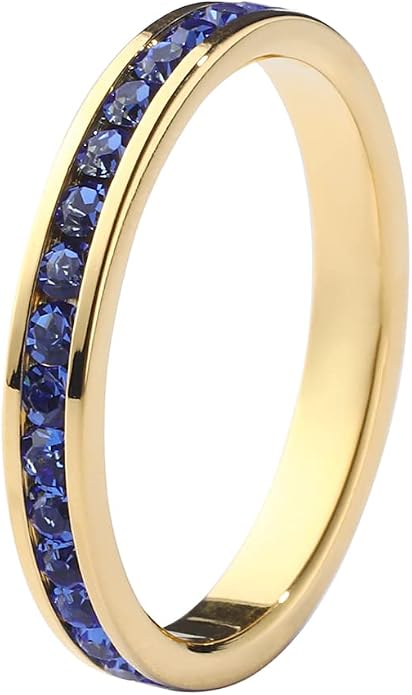 Muses Art Design Birthstone Eternity Band Ring 18K Gold Plated (Channel Set/Full Round), Stacking Fashion Ring with Crystal Birthstone