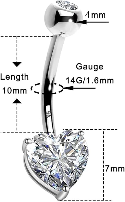 OUFER Belly Navel Rings - 14K Solid White Gold Heart Solitaire Cubic Zirconia Belly Button Rings