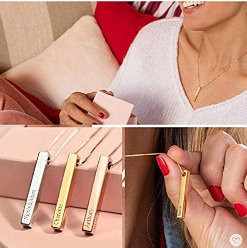 U7 Engravable Bar Necklace, Womens Choker Necklace Stainless Steel Custom Engrave Text Horizontal/Vertical Bar Pendant Necklaces for Men Women