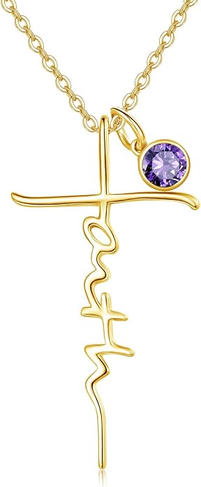PRAYMOS Faith Cross Necklace for Women 925 Sterling Silver Pendant Necklace With Birthstone Initial Christian Religious Confirmation Baptism Mothers Day Gifts