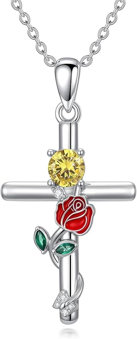Birthstone Cross Necklace 925 Sterling Silver Rose with Butterfly Birthstone Cross Pendant Necklace Jewelry Gifts for Women Birthday Christmas