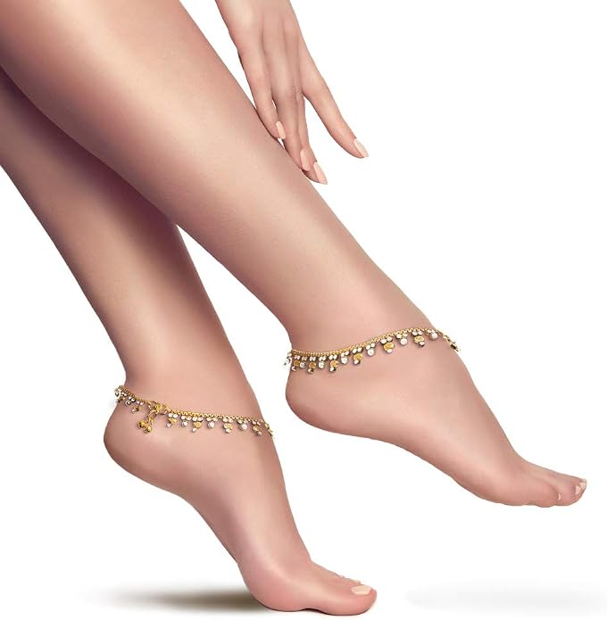 Duel On Jewel Gold Payal Set for Women, Indian Paayal Jhanjar Chain Anklets with Bell Detail, Foot Jewelry Pair, 10 Inch Comfort Fit, Traditional & Dainty Styles for Wedding Beach Everyday Gift
