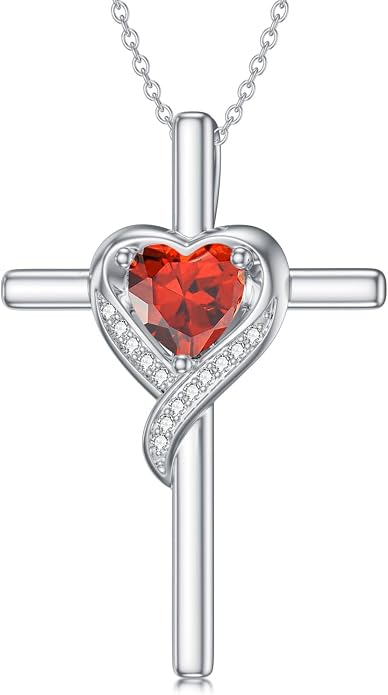 TOUPOP Birthstone Cross Necklace for Women 925 Sterling Silver Heart Cross Pendant Necklace Mothers Day Birthday Jewelry Gifts for Mom Wife Her