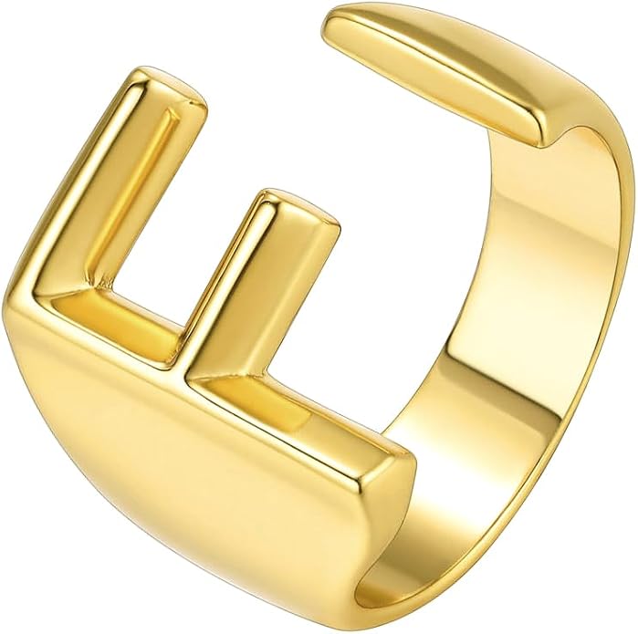 Suplight Nikel Free 18K Gold Plated Letter Rings, Fashion Monogram Jewelry Statement A-Z Wide Name Initial Alphabet Adjustable Open Ring for Women
