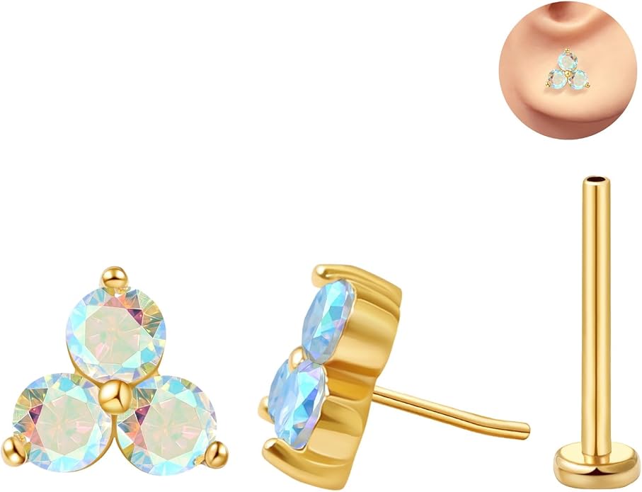 FANSING Cartilage Earring Tragus Stud Trio CZ Stone Flat Back Earring for Helix Conch Threadless Push Pin Labret Stud