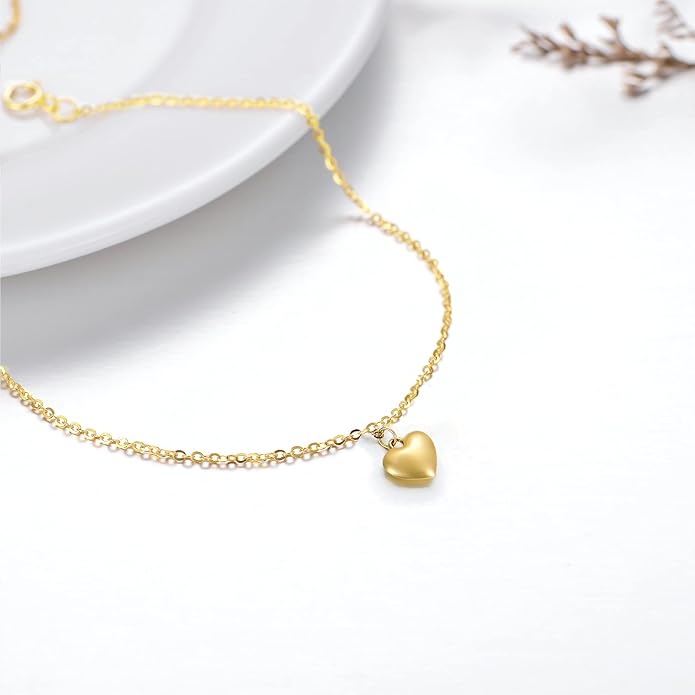 SISGEM Real 14k Gold Puff Heart Anklet for Women, Love Ankle Bracelet Foot Jewelry Gifts for Her, 9+1+1 Inch