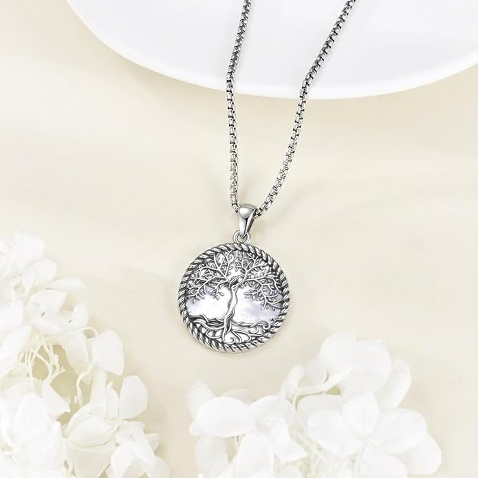 Tree of Life Necklace 18K White Gold Plated Turquoise/Pearl Shell/Malachite/Abalone Shell/Blue Opal/Black Onyx Tree Necklace Jewelry Gift for Women Men,22+2"