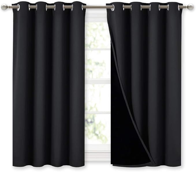 NICETOWN 100% Blackout Curtains 45 inches Length, 2 Thick Layers Completely Blackout Window Treatment Thermal Insulated Lined Drapes for Basement Window (Black, 1 Pair, 52 inches Width Each Panel)