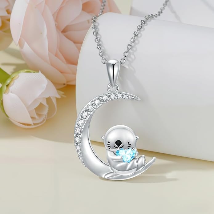 PROESS Animal Birthstone Necklace 925 Sterling Silver Otter/Axolotl/Hippo/Elephant/Dachshund/Monkey/Red Panda Pendant Necklace Animal Birthstone Jewelry Gifts for Women
