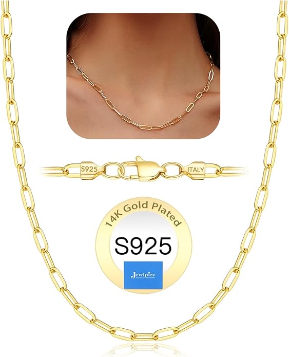 Jewlpire 925 Sterling Silver Plated Rope/Cuban/Paperclip/Herringbone Chain Necklaces for Women, 18K Gold Plated Chain Necklace,Hypoallergenic Women's Chain Necklaces 16+3 Inch