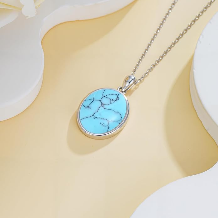 925 Sterling Silver Oval Moonstone/Turquoise Pendant Necklace, Dainty Necklace Jewelry Gifts for Women, with 18+2inch Chain