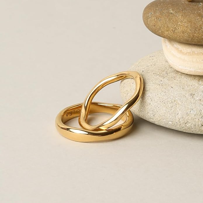 Gold Rings for Women Men Non Tarnish, Waterproof Chunky 14K Gold Plated Dainty Stackable Rings Trendy Statement Pinky Thumb Rings Engagement Eternity Wedding Band Ring Stacking Gold Jewelry Size 3 4 5 6 7 8 9 10 11