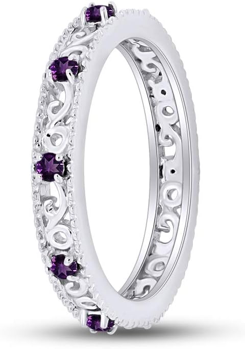 Jewel Zone US Filigree Eternity Wedding Band Ring for Women, Round Cut Simulated Gemstone Stackable Promise Ring in 14K Gold Plated 925 Sterling Silver Band Width 3.5mm – Elegant Jewelry for Her