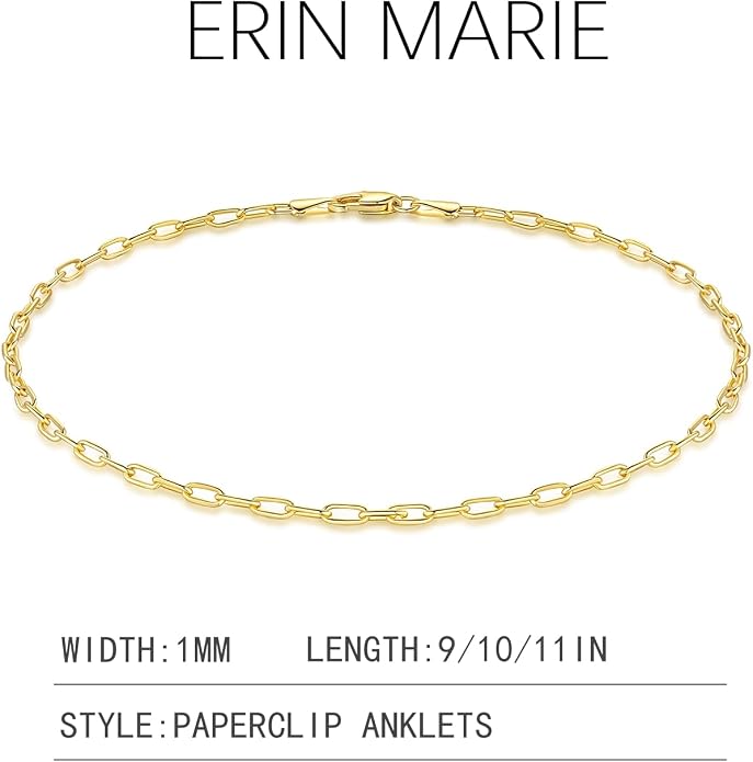 ERIN MARIE Gold Anklets for Women 14K Gold Ankle Bracelets for Women Paperclip Anklets for Womens Simple Beach Jewelry Paperclip Chain Ankle Bracelet 9/10/ 11 Inches