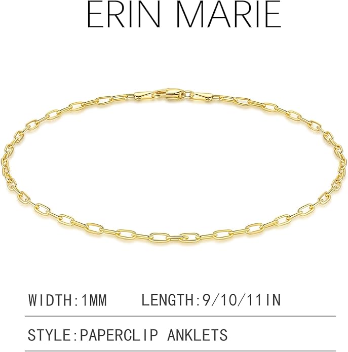 ERIN MARIE Gold Anklets for Women 14K Gold Ankle Bracelets for Women Paperclip Anklets for Womens Simple Beach Jewelry Paperclip Chain Ankle Bracelet 9/10/ 11 Inches