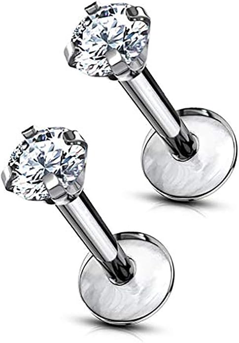 16 g Titanium Internally Threaded Tragus Piercing Jewelry CZ Top Flat Back Piercing Nose Studs Earring, Helix, Cartilage, Labret, Monroe for Women or Men