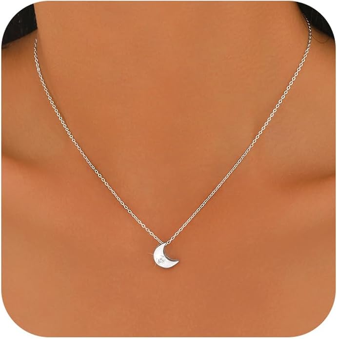 925 Sterling Silver Crescent Necklace for Women, Dainty Moon Star Choker Chain Necklace to Daughter Mother, 14k Gold Plated Moon and Star Charm Pendant Necklaces Jewelry Gift for Birthday Mother's Day