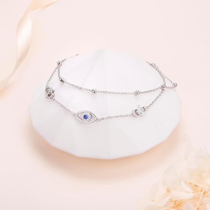 Anklets for Women 925 Sterling Silver Blue Evil Eye Infinity Butterfly Adjustable Multilayer Layered Summer Beach Ankle Bracelet Foot Chain Jewelry for Women