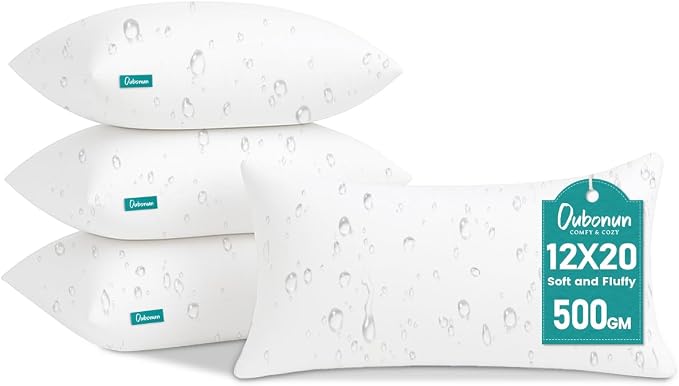Oubonun 12x20 Waterproof Outdoor Lumbar Pillow Inserts – Pack of 4 Firm & Fluffy, Water Resistant Throw Pillows for Patio, Garden, Porch, or Indoor Decorative