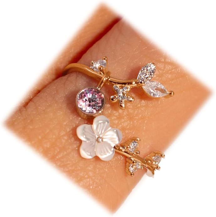 Birthstone Flower Rings For Women Non Tarnish Gemstone Cubic Zirconia Mother of Pearl Adjustable Size 7-11 Silver Rose 14K Gold Plated Birth Jewelry Gift For Birthday
