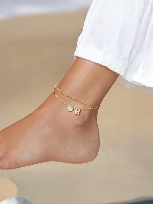 FindChic Silver/14K Gold Plated Layered CZ Initial Ankle Bracelet for Women | Waterproof Stainless Steel, Cubic Zirconia Letter Charm, Non-Tarnish, Hypoallergenic, Adjustable Extender, Summer Jewelry