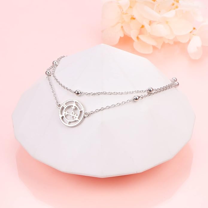 Ladytree S925 Sterling Silver Boho Beach Double Layer Anklets Bracelet for Women Adjustable 9 to 11 inches