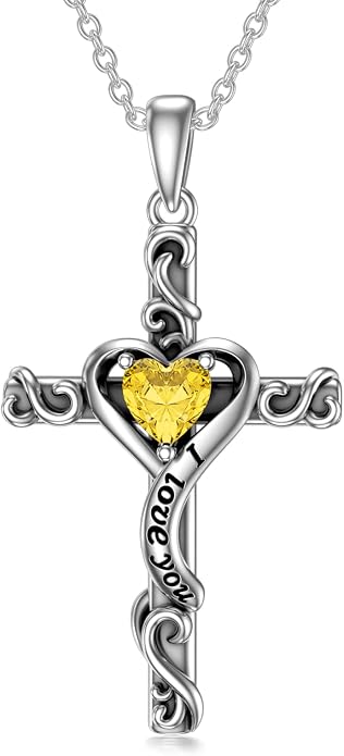 TOUPOP Cross Birthstone Necklace for Women 925 Sterling Silver Heart Cross Pendant I Love You Jewelry Anniversary Birthday Mothers Day Gifts for Mom Wife Her