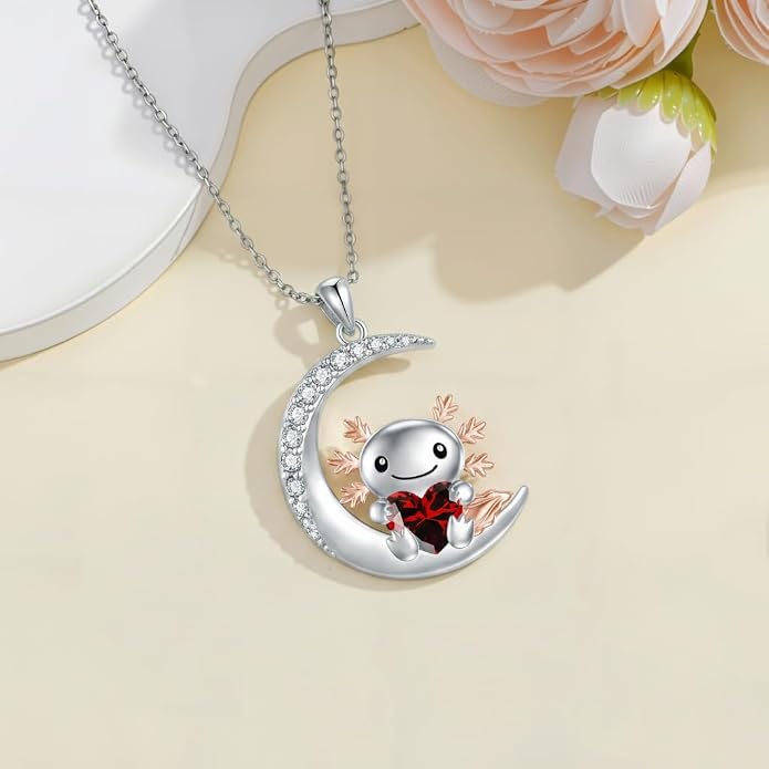 PROESS Animal Birthstone Necklace 925 Sterling Silver Otter/Axolotl/Hippo/Elephant/Dachshund/Monkey/Red Panda Pendant Necklace Animal Birthstone Jewelry Gifts for Women