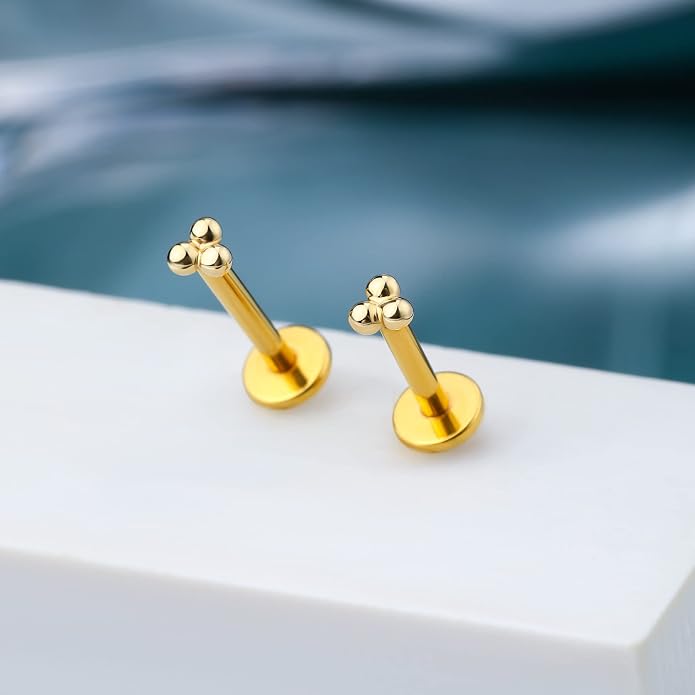 Cocharm 14K Gold Triple Ball Threadless Tragus Earrings 16g Push in Flat Back Helix Piercing