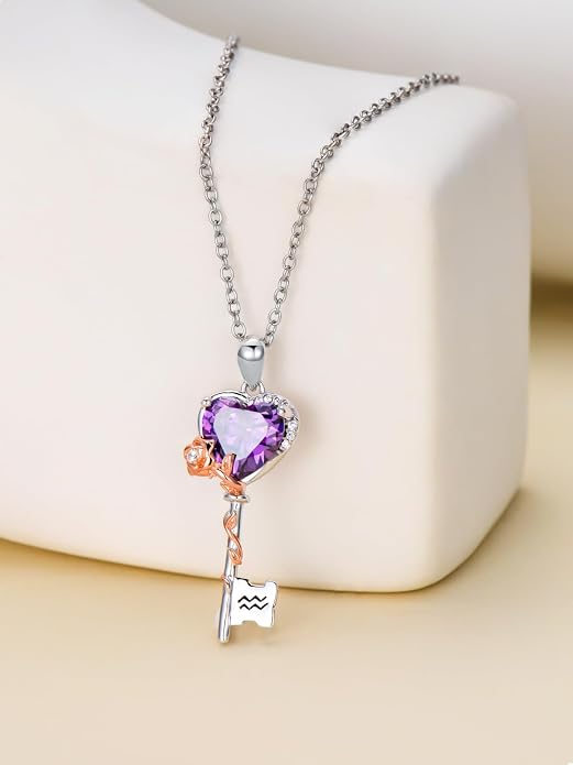 OCJ Zodiac Necklace for Women 925 Sterling Silver Rose Flower Key Pendant Necklaces Zodiac Birthstone Jewelry Wife Birthday Anniversary Christmas Gifts for Her