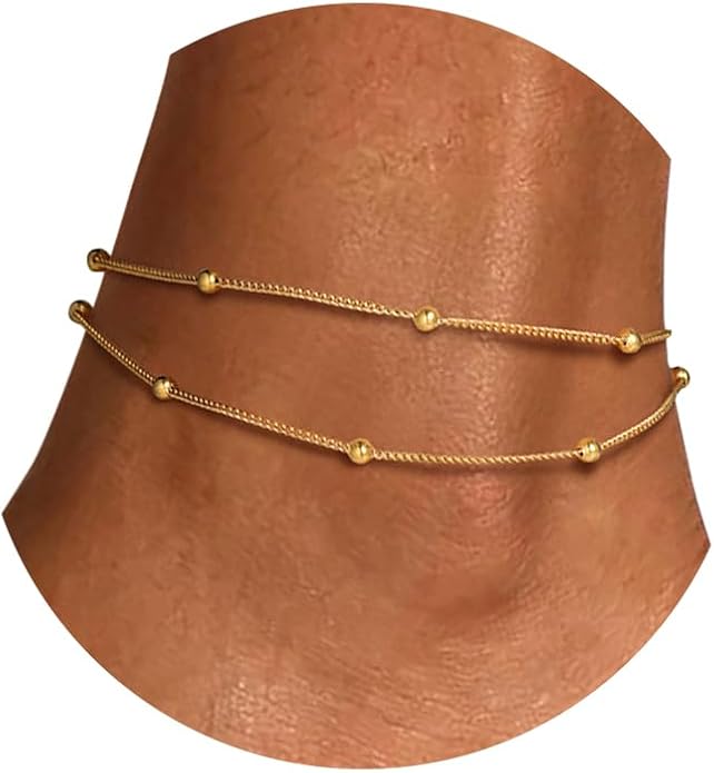 U7 Silver/Gold Ankle Bracelets for Women Layered Chain Anklets Stainless Steel Waterproof Summer Beach Anklet Cham, Adjustable 8.5"-10.5"