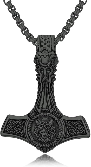 PROESS Thors Hammer Necklace Sterling Silver Celtic Knot Wolf/Lion/Raven Necklace Viking Mjolnir Pendant Jewelry for Men
