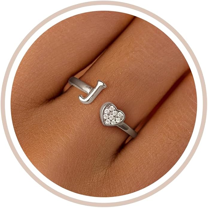 LOVECOM Initial Heart Rings for Women 925 Sterling Silver Gold Adjustable Letter Name Ring Non Tarnish Trendy Stuff Alphabet Letter CZ Stackable Ring Jewelry Gifts for Mom Daughter Sister
