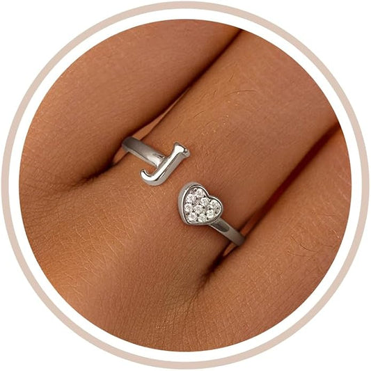 LOVECOM Initial Heart Rings for Women 925 Sterling Silver Gold Adjustable Letter Name Ring Non Tarnish Trendy Stuff Alphabet Letter CZ Stackable Ring Jewelry Gifts for Mom Daughter Sister