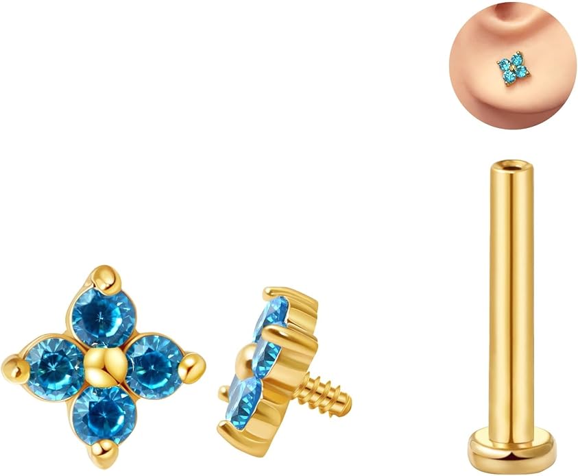 FANSING CZ Flower Internally Threaded Flat Back Earring Labret Stud for Cartilage Tragus Helix Conch