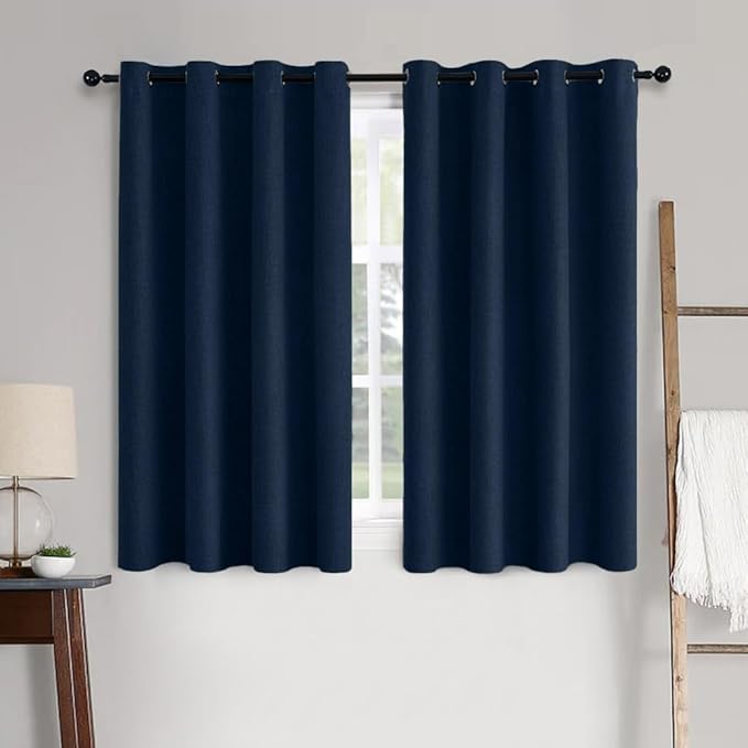 MIULEE Linen Textured Curtains for Bedroom Solid 100% Blackout Thermal Insulated Midnight Blue Grommet Room Darkening Curtains & Drapes Luxury Decor for Living Room 52 x 54 Inch (2 Panels)