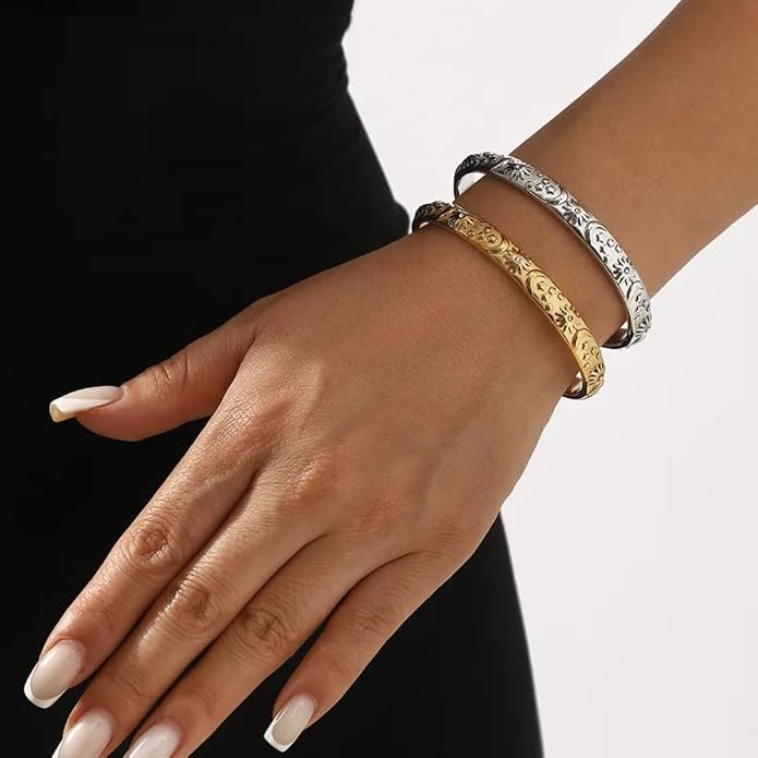 Pierced Owl 304 Stainless Steel Sun Moon and Star Lined Open Cuff Bangle Bracelet