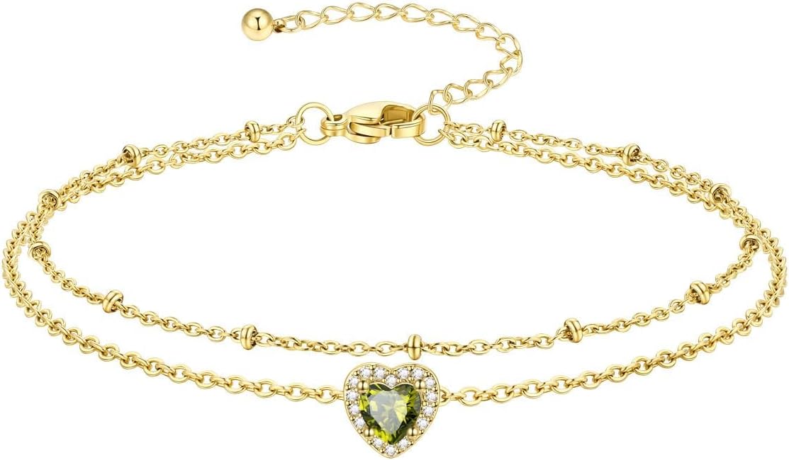 Richsteel Double Layer Heart/Butterfly Birthstone Anklet for Women Non Tarnish Waterproof, Silver/Gold/Black Stainless Steel 8.5-10.5 Inch Adjustable Chain Anklets Jewelry Gifts for Her