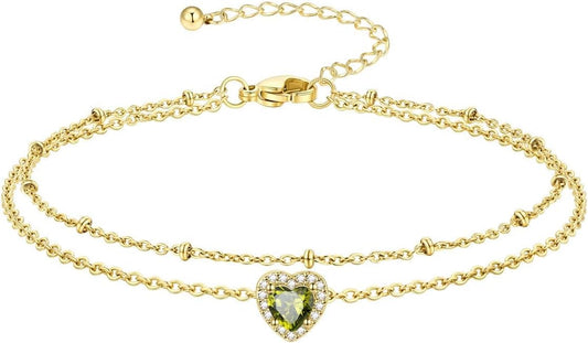 Richsteel Double Layer Heart/Butterfly Birthstone Anklet for Women Non Tarnish Waterproof, Silver/Gold/Black Stainless Steel 8.5-10.5 Inch Adjustable Chain Anklets Jewelry Gifts for Her