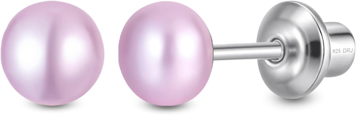 Pearl Screw Back Stud Earrings for Baby, Toddler, Girls | Hypoallergenic 925 Sterling Silver Screwback Safety Earrings | Simulated Pearl Studs for Sensitive Ears | Keepsake Gift for Birthdays Holidays Special Occasions