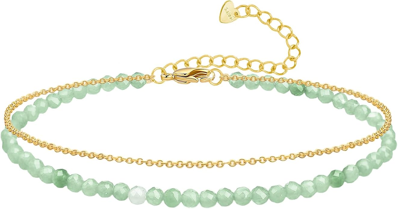 Ankle Bracelet for Women, Dainty 18k Gold Natural Stone Beaded Anklet Adjustable Double Ankle Chain Waterproof Summer Boho Foot Jewelry Birthday Anniversary Graduation Gifts