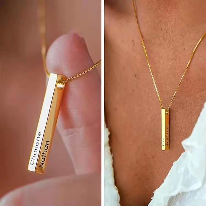 Sterling Silver Personalized 4 Sided Vertical 3D Engraved Bar Pendant Necklace Meaningful Gift for Mom,Women
