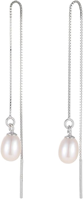 JaruJaru Vermeil Chain Freshwater Pearl Earrings for Women, Gold Threader Earrings, Gold plated on S925 Sterling Silver, Hypoallergenic Thread Through Dangle Earrings
