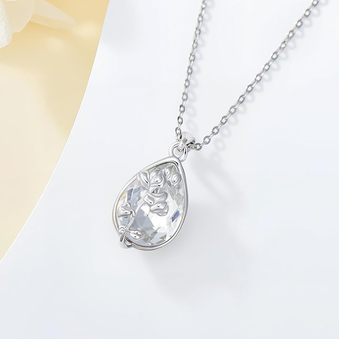 925 Sterling Silver Birth Flower Necklace with Teardrop Shaped Birthstone - 12 Colors, 12 Kinds of Flower - Ideal Birthday Jewelry Gift for Women, Mothers, Daughters & Wives