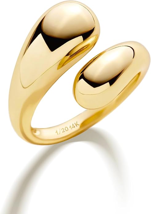 NOKMIT Chunky Gold Rings for Women Adjustable Open Teardrop Wrap Bypass Statement Band Gold Silver Tone High Polished Smooth Comfort Fit