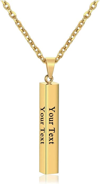 PiercingJ 4 Side Engraving Personalized Custom Message Name Bar Necklace Stainless Steel Pendant Chain for Men Women Valentine's Day Gift Box